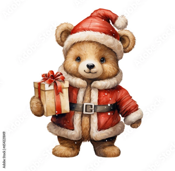Obraz Watercolor illustration of a bear in a Santa suit. Generative AI, png image.
