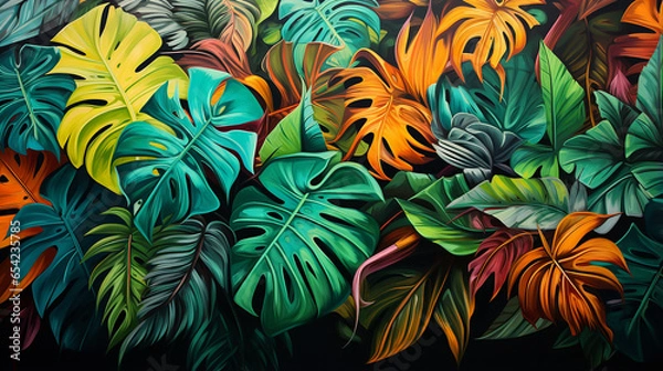 Fototapeta Leaves of exotic plants in street art style created with Generative Ai