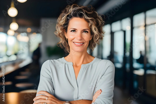 Obraz Retrato de mujer de negocios en la oficina. Atractiva gerente ejecutiva profesional en su lugar de trabajo. Concepto de liderazgo profesional.