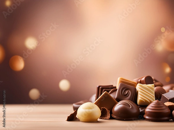 Fototapeta Various chocolates on a wooden table. Background with copy space and bokeh.
