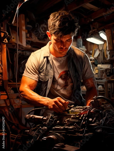 Fototapeta The work of a car mechanic on the electrical systems of a car. Generative AI