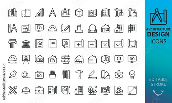 Fototapeta Architecture and design isolated icons set. Set of architectural project, blueprint, apartment plan, floorplan, divider, architecture drawing, architect, design tools vector icon with editable stroke