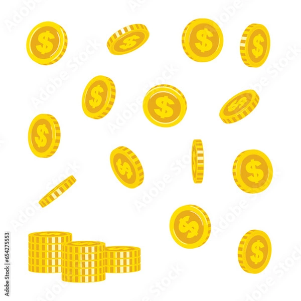 Obraz いろいろな角度のコインとコインが積み重なったイラストセット