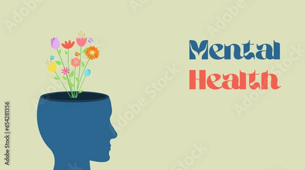 Fototapeta head with flower,mental health concept.cartoon vector illustrations.