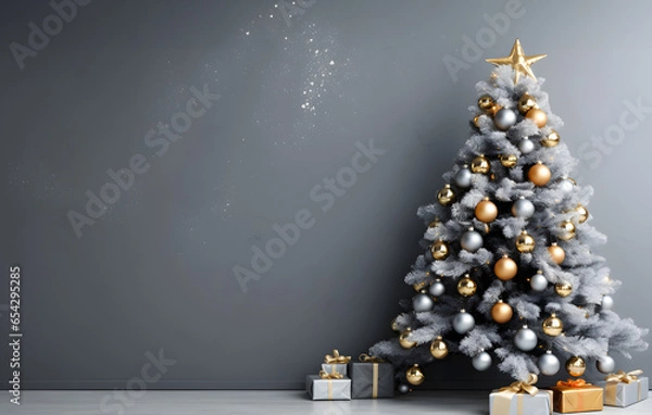 Obraz Modern design Christmas tree decorated with balls and garlands