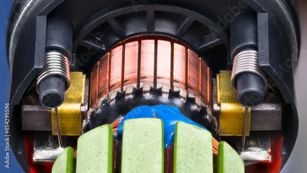Fototapeta Closeup of electric DC motor rotor with copper winding fixed by blue epoxy in black plastic housing. Commutator with carbon brush contacts pressed by steel cylindric coil springs inside engine detail.