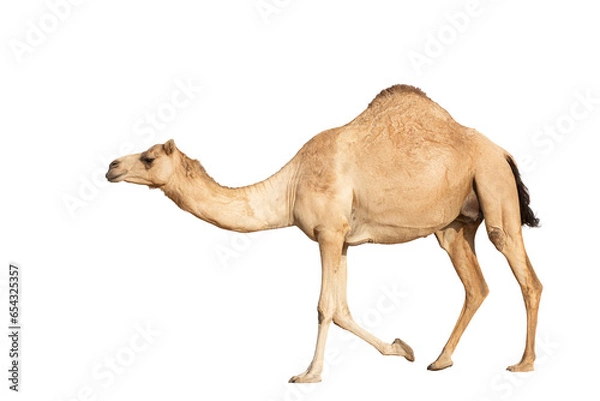 Fototapeta Arabian camel in motion against a clean white backdrop, desert animal of the Middle East