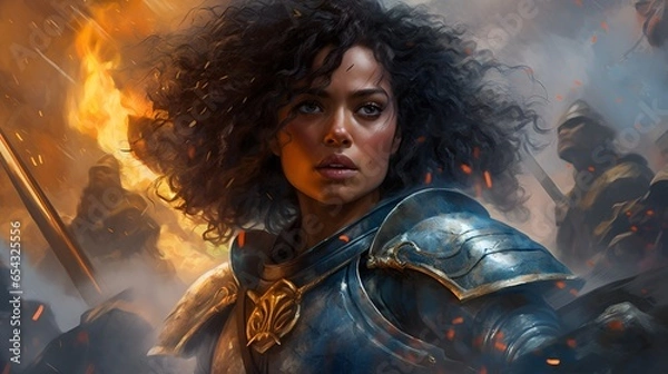 Fototapeta Portrait of a young curly haired warrior woman in a medieval/fantasy setting and armor during battle.