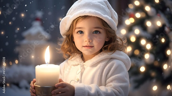 Fototapeta Adorable little girl with candle in hands on background of Christmas lights