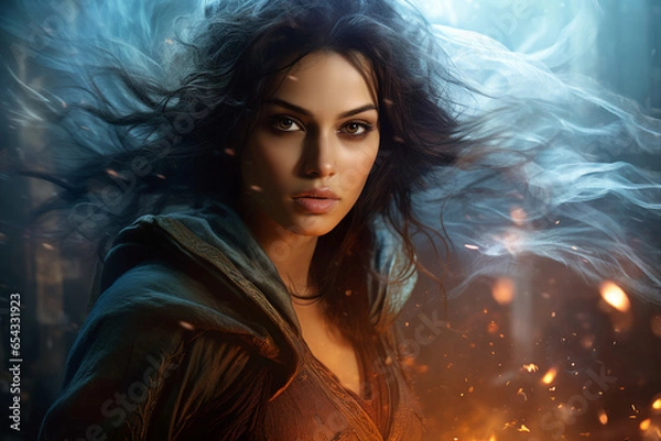 Fototapeta Generative ai collage photo of brave strong warrior fight in magical battle