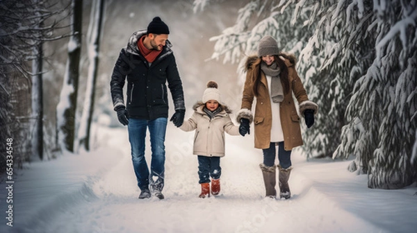 Obraz Winterspaziergang einer jungen Familie, Vater, Mutter, Kind, Geborgenheit, Freizeit