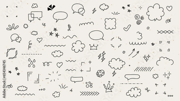 Fototapeta Cute simple hand drawn elements set. Pen line doodles heart, arrows, scribble, cloud, speech bubble, star, shapes. Good for print, cartoon, card, decoration, sticker.