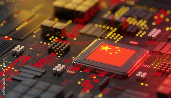 Obraz China flag on Chipset for semiconductor industry, 3d rendering