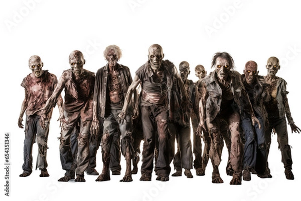 Obraz Zombie apocalypse. crowd of zombies with ripped clothes isolated on transparent background, Halloween undead 