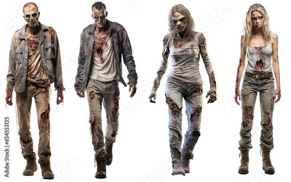 Obraz collection of zombies full body, ripped clothes front view isolated on transparent background