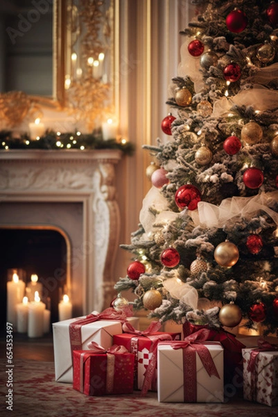 Obraz Vertical image of decorated Christmas tree in living room. Happy New Year.