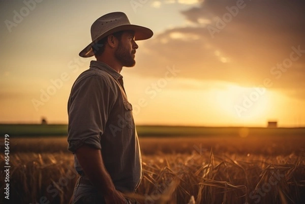 Fototapeta A rugged, resilient farmer stands firmly, his silhouette framed against the golden vastness of his ripe fields, a subtle, proud smile playing on his lips as the sun sets behind him, casting a warm, go
