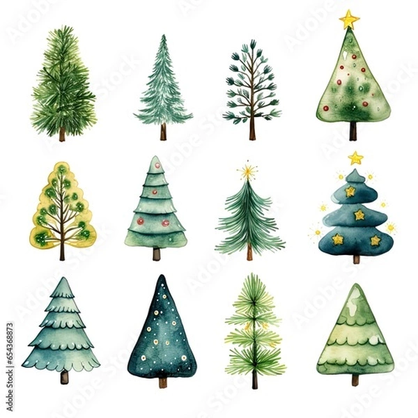 Fototapeta Cute watercolor-style xmas trees on white background. Christmas trees in different green hues for minimalistic, seasonal greetings. Card, banner, social media.