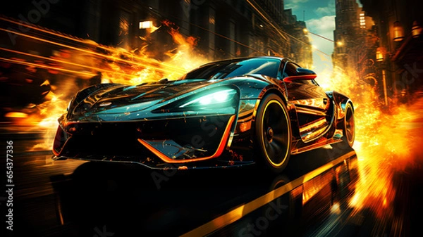 Fototapeta Cyberpunk Fire Racing car at high speed on street