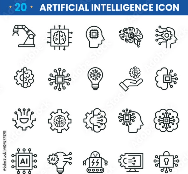 Fototapeta Simple set of artificial intelligence related line icons contains such icons as droid, eye, chip, brain. 