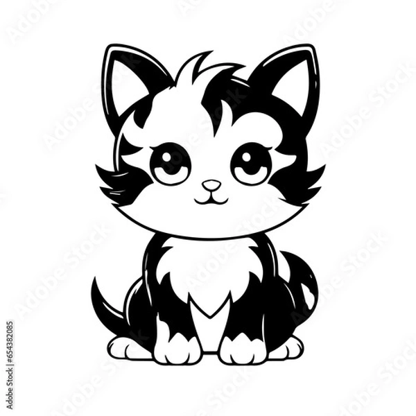 Fototapeta Cat illustration for colouring books. Cute black and white cat with big eyes for colouring. Furry Cat simple vector. Mammal. Animal. Coloring book vector
