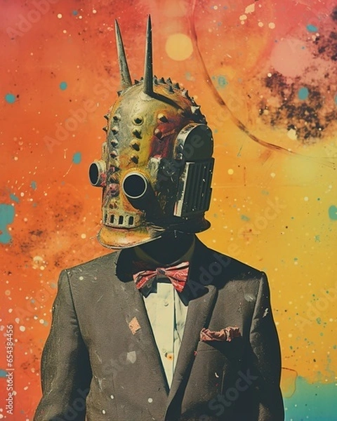 Fototapeta Colorful vintage collage of a man in a suit with a robot head
