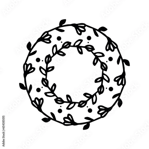 Fototapeta Black plant doodle wreath on white background. Hand-drawn rounded pattern vector illustration with flowers and leaves.