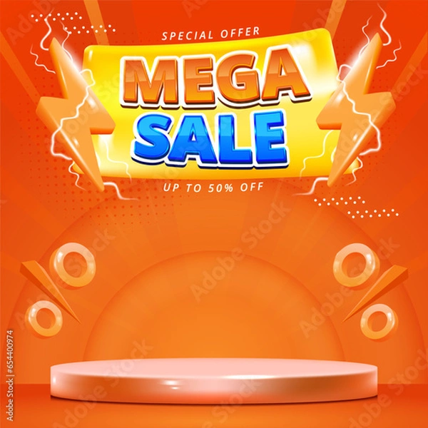 Fototapeta Sale Poster or banner template with blank product podium scene on orange background.Sales banner template design for social media and website.