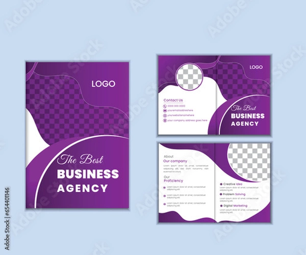 Obraz Corporate business bi fold brochure template. Modern, Creative and Professional bi fold brochure design. Simple and minimalist promotion layout with purple color
