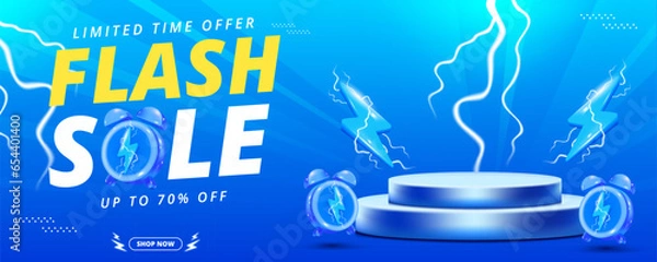 Obraz Flash Sale Shopping Poster or banner with Flash icon and 3D text on blue background. Template design for social media with blank product podium scene.