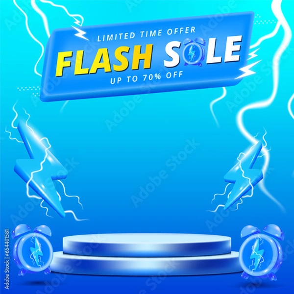 Fototapeta Flash Sale Shopping Poster or banner with Flash icon and 3D text on blue background. Template design for social media with blank product podium scene.