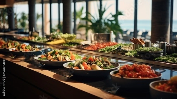 Fototapeta Salad bar with fresh vegetables in hotel buffet, Buffet table.