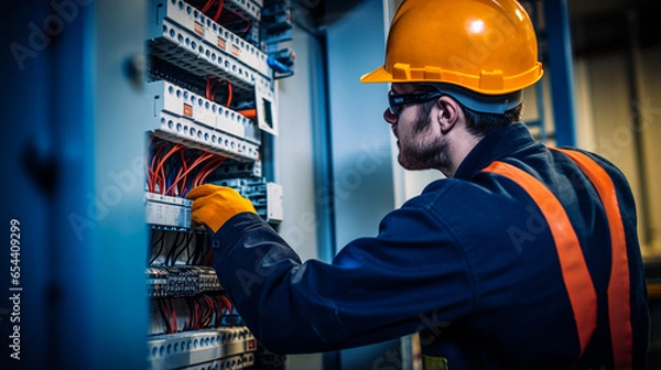 Fototapeta young male electrician working on an electrical panel. AI generative