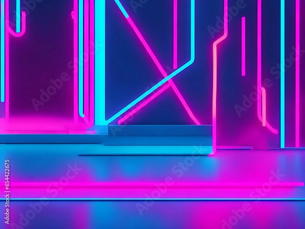 Obraz 3D render, abstract minimal neon background, pink blue neon lines going up.