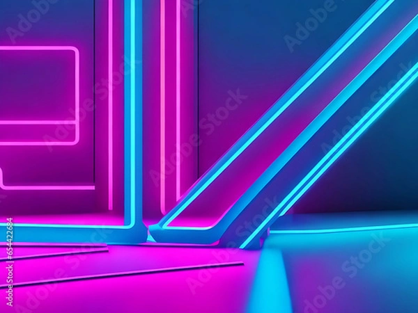 Obraz 3D render, abstract minimal neon background, pink blue neon lines going up.