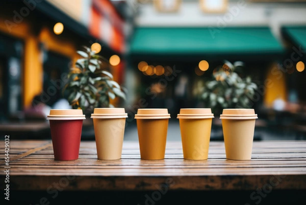 Obraz row of coffee in bright colored paper cups on a wooden table of an outdoor cafe