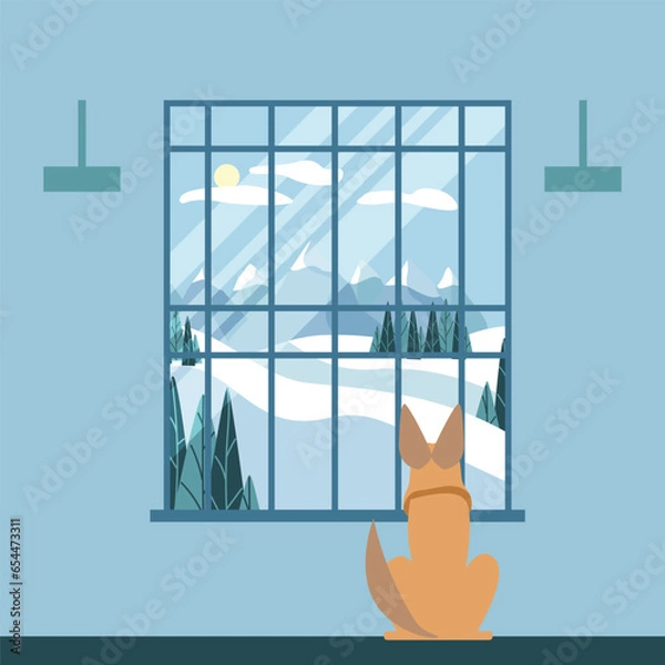 Obraz Vector flat window, dog sitting near the window sill, mountain landscape. Home comfort. Illustration in flat style.