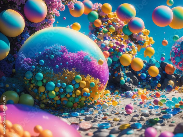 Fototapeta Multicolored blobs near a fantastical beach - AI Generative