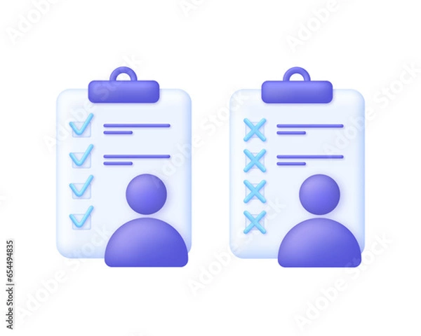 Obraz 3D Job interview hire form icon. Rejected and Approved concept. Candidate questionnaire checklist for vacancy.