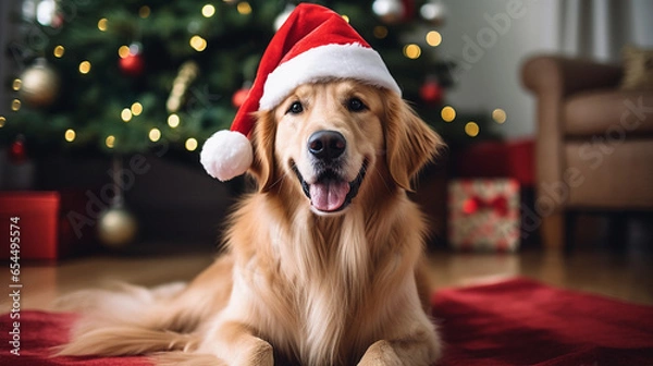 Fototapeta Golden Retriever dog on christmas day wearing a christmas hat sat next to a christmas tree