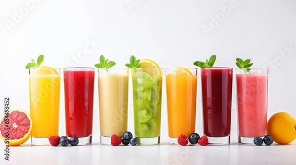 Fototapeta Fresh Fruits juices with fruits. Glasses of Fruits juice with Fruits and mint on white table. Minimalism. AI generated.