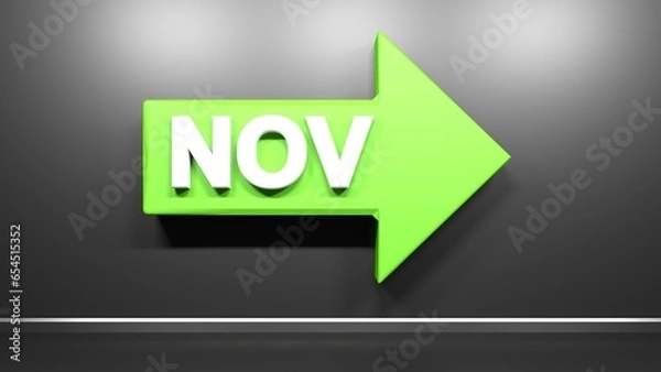 Fototapeta NOV for november on a green arrow to right side - 3D rendering Illustration