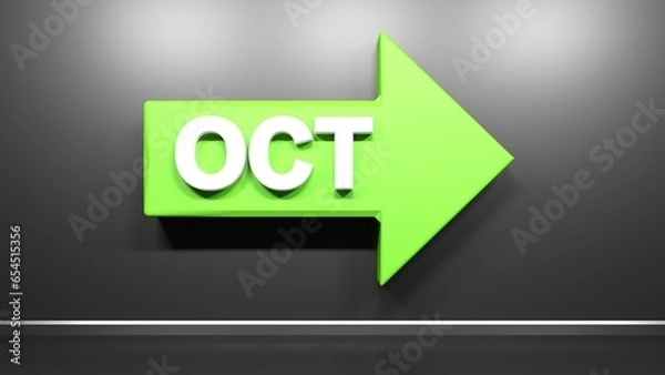 Fototapeta OCT for october on a green arrow to right side - 3D rendering Illustration