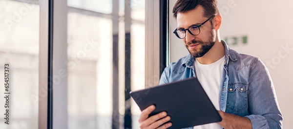 Obraz Smiling young businessman working online with digital tablet while standing by window.