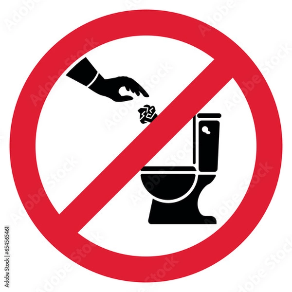 Obraz forbidden to throw papers in the toilet, put the trash in its place, icon of forbidden to throw paper in the toilet