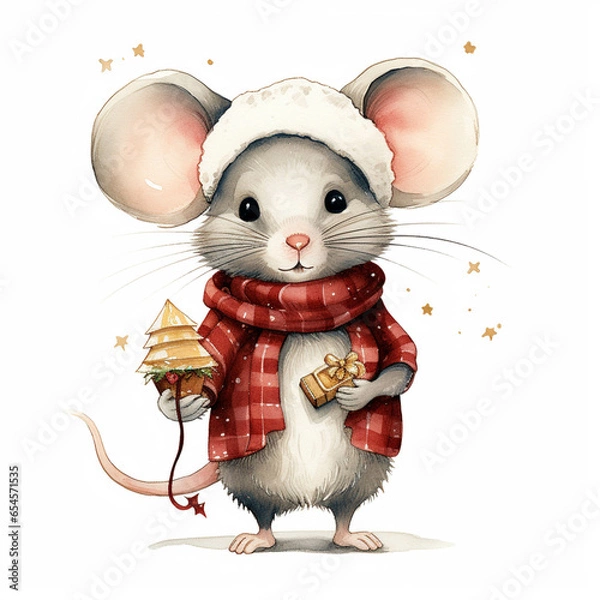 Obraz Cute vintage drawn christmas mouse clip art (generative ai)