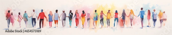 Obraz Vibrant Watercolor Painting, Group of People Standing Together Holding Hands, Generative AI