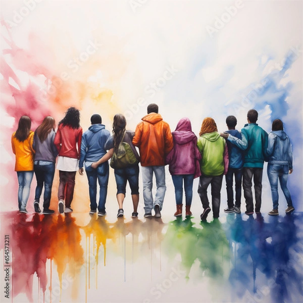 Fototapeta Vibrant Watercolor Painting, Group of People Standing Together Holding Hands, Generative AI