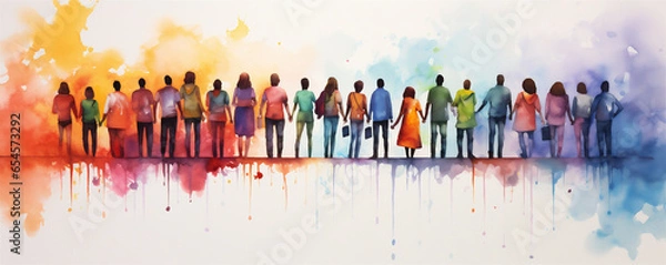 Obraz Vibrant Watercolor Painting, Group of People Standing Together Holding Hands, Generative AI