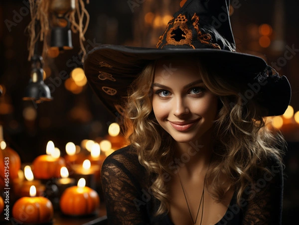 Obraz Close-up of a beautiful woman in a witch costume for Halloween